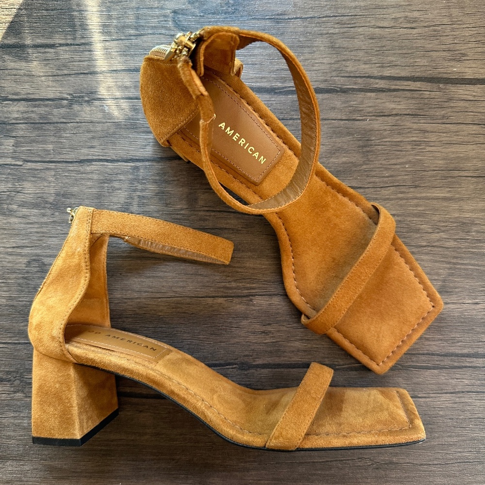 Good American Cognac Suede Block Heel Sandals